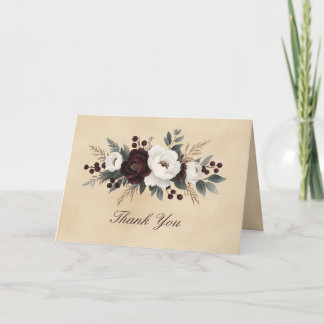 Elegant mörkröd vit blommor Blommig script Tack Kort