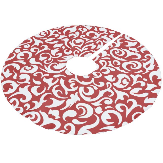 Elegant mörkröd vit damask blomstermönster julgransmatta borstad polyester (Vinklad)