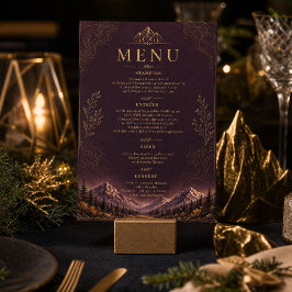 Elegant Mörkt Plommon Mountain Guld Bröllopsmeny Inbjudningar