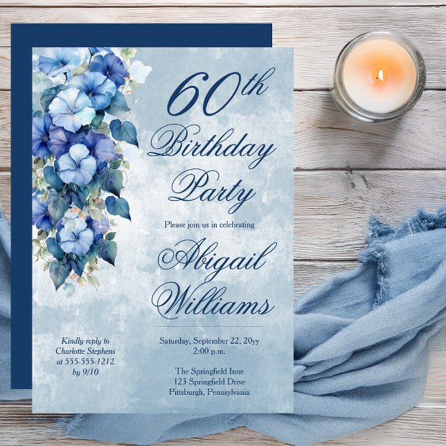 Elegant Morning Glories Blue Floral 60th Birthday  Inbjudningar (Boho Elegant Morning Glories Blue Floral 60th Birthday Party Invitation - Print | Digital Download)