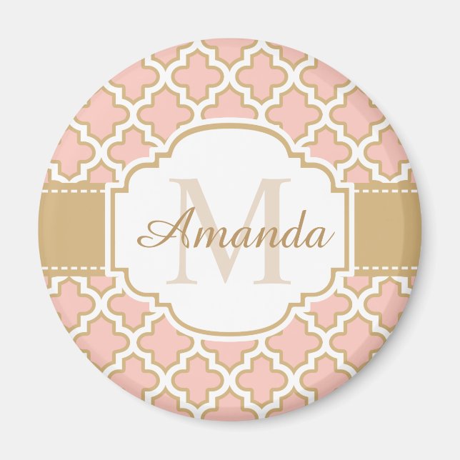 Elegant Moroccan Mönster Rosa Coral Monogram Magnet (Framsidan)