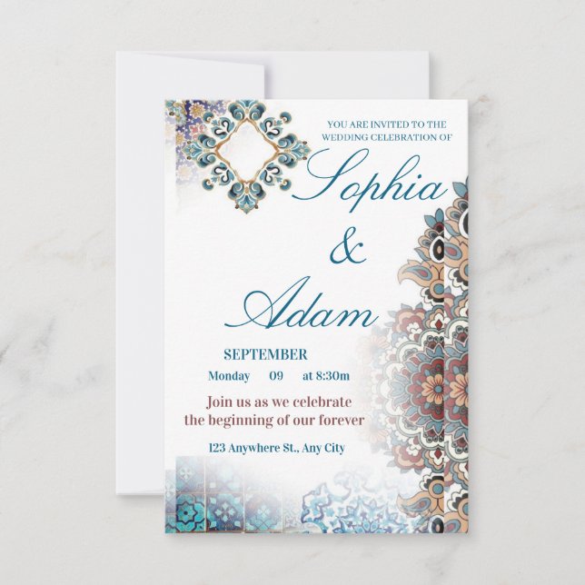 Elegant Moroccan Tile Wedding Invitation OSA Kort (Framsida)