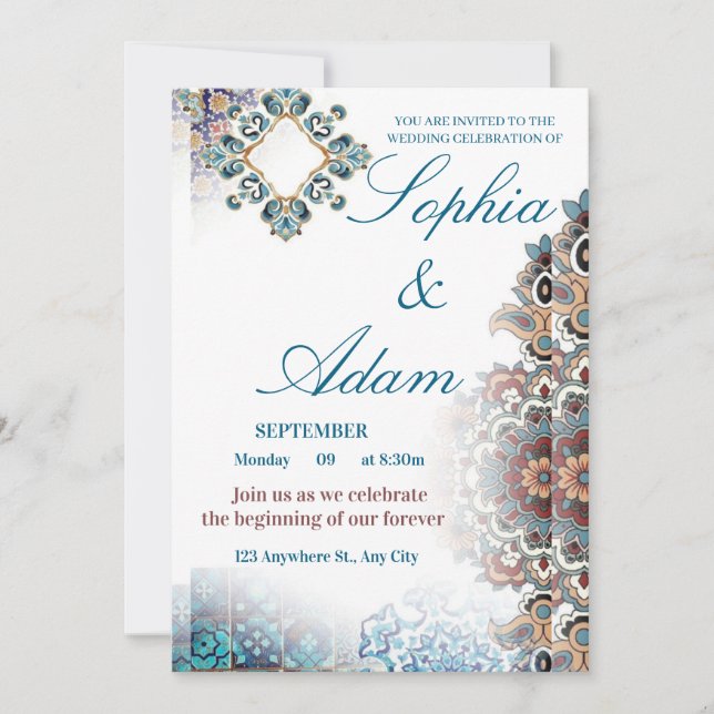 Elegant Moroccan Tile Wedding Invitation Spara Datumet (Framsida)