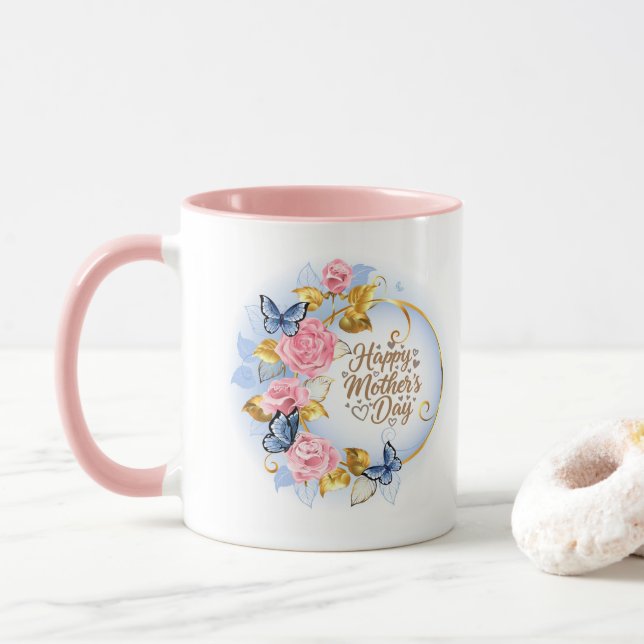 Elegant mors dag jag rosa ros & blå fjäril mugg (Med munk)