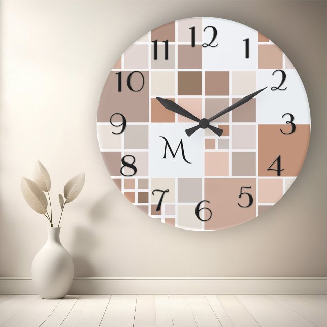 Elegant Mosaic Monogram Wall Clock Rund Klocka (Modern wall clock with a checkered tile pattern in tan, beige, coffee and sandy brown earth colors)