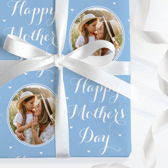 Elegant Mother's Day Custom Photo Blue White Presentpapper (Skapare uppladdad)