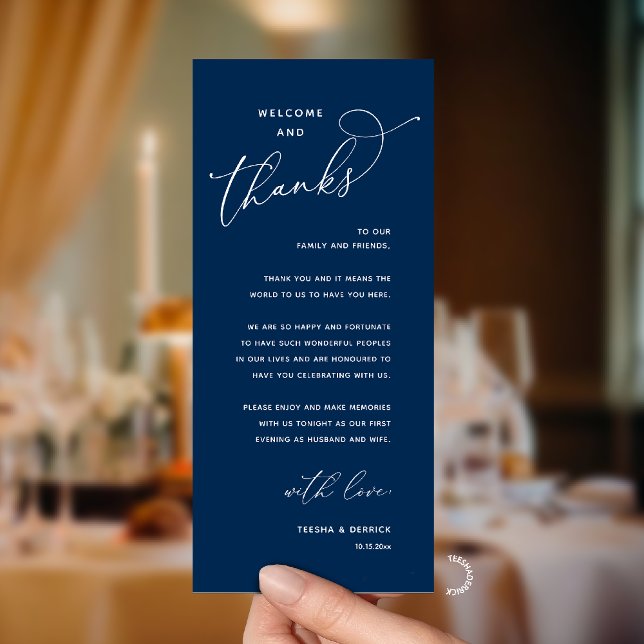 Elegant mottagning "Välkommen och tack" Gästkort Program (Modern Elegant Wedding Reception "Welcome and Thanks" Table Card for Guest in Navy Blue)