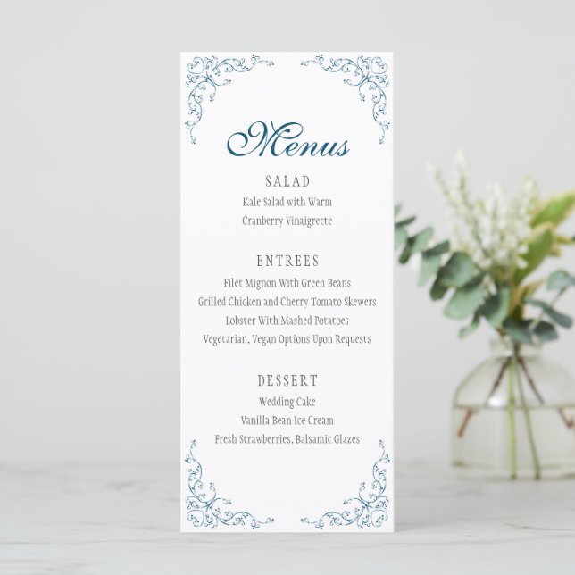 Elegant Mourish Ocean Blue Bröllop Menu Meny (Stående Fram)