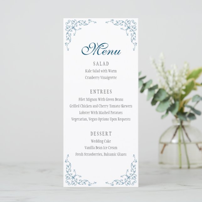 Elegant Mourish Ocean Blue Bröllop Menu Meny (Stående Fram)