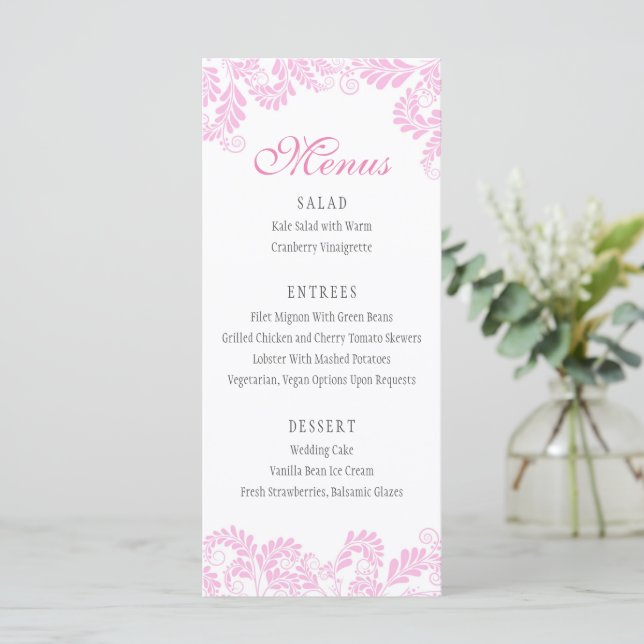 Elegant Mourish Rosa Bröllop Menus Meny (Stående Fram)