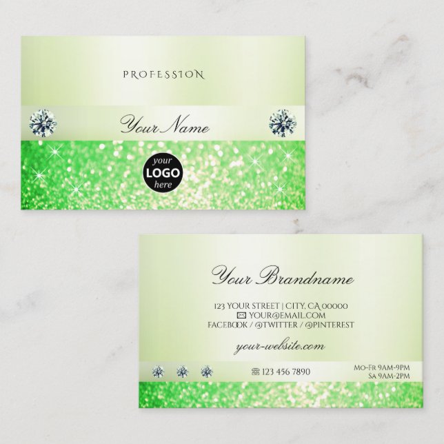 Elegant Mousserande Grass Grönt Glitter med Logoty Visitkort (Fram/baksida)