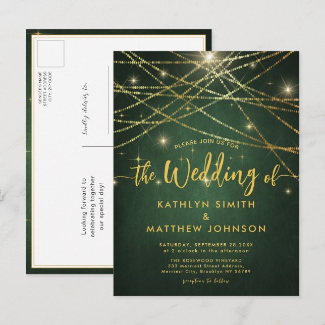 Elegant mousserande Guld String Ljus Bröllop Inbjudan Vykort (Fram/baksida)