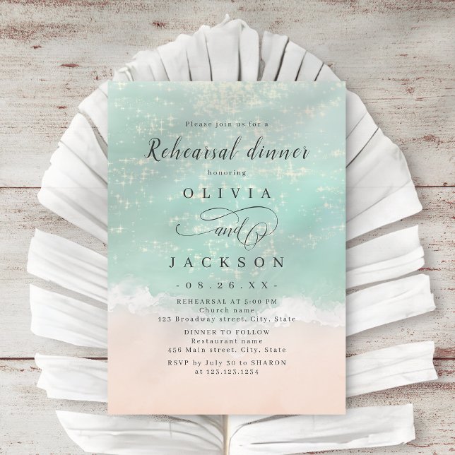 Elegant, mousserande havsstrand Rehearsal Dinner Inbjudningar (Elegant sparkling ocean beach Rehearsal Dinner Invitation)