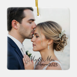 Elegant Mr. & Mrs. Custom Wedding Photo Monogram  Julgransprydnad Keramik