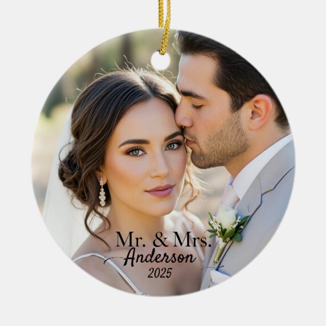 Elegant Mr & Mrs Custom Wedding Photo Monogram Julgransprydnad Keramik (Framsidan)