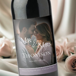 Elegant Mr & Mrs mörk lila vinterbröllop Vinflaska Etikett