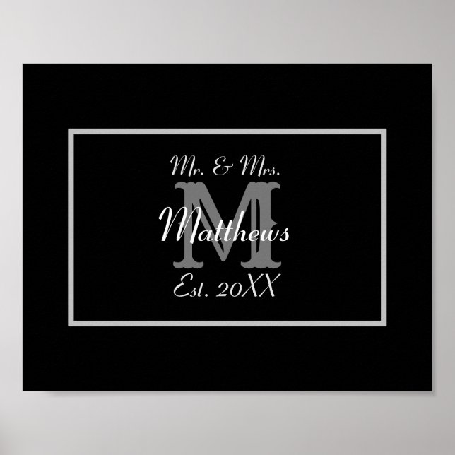 Elegant Mr. och Mrs. Monogram Black Poster (Framsidan)