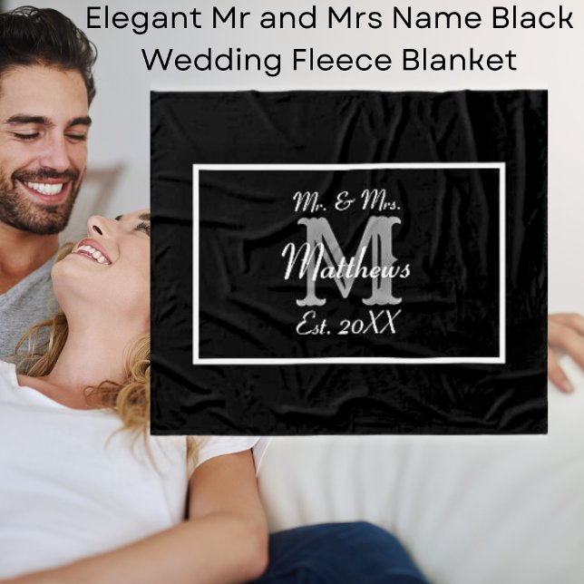 Elegant Mr. och Mrs. Namn Black Bröllop Fleecefilt (Elegant Mr and Mrs Name Black Wedding Fleece Blanket)