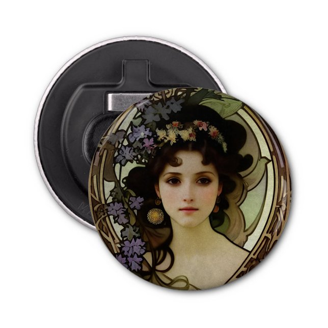 Elegant Mucha Stil Porträtt i en vacker kvinna Flasköppnare (Framsidan)