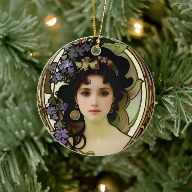Elegant Mucha Stil Porträtt i en vacker kvinna Julgransprydnad Keramik (Träd)