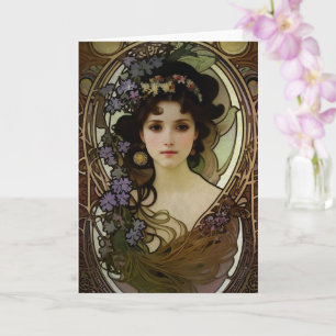 Elegant Mucha Stil Porträtt i en vacker kvinna Kort