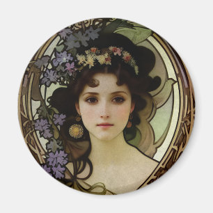 Elegant Mucha Stil Porträtt i en vacker kvinna Magnet