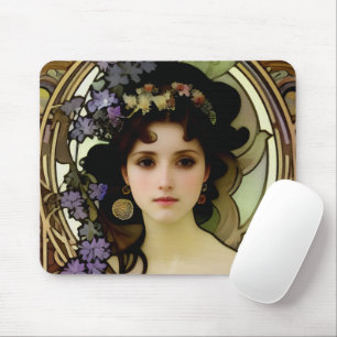 Elegant Mucha Stil Porträtt i en vacker kvinna Musmatta