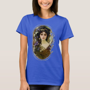 Elegant Mucha Stil Porträtt i en vacker kvinna T Shirt