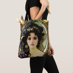 Elegant Mucha Stil Porträtt i en vacker kvinna Tygkasse