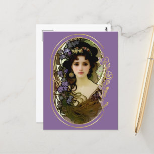 Elegant Mucha Stil Porträtt i en vacker kvinna Vykort