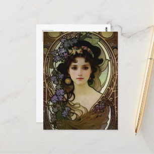 Elegant Mucha Stil Porträtt i en vacker kvinna Vykort