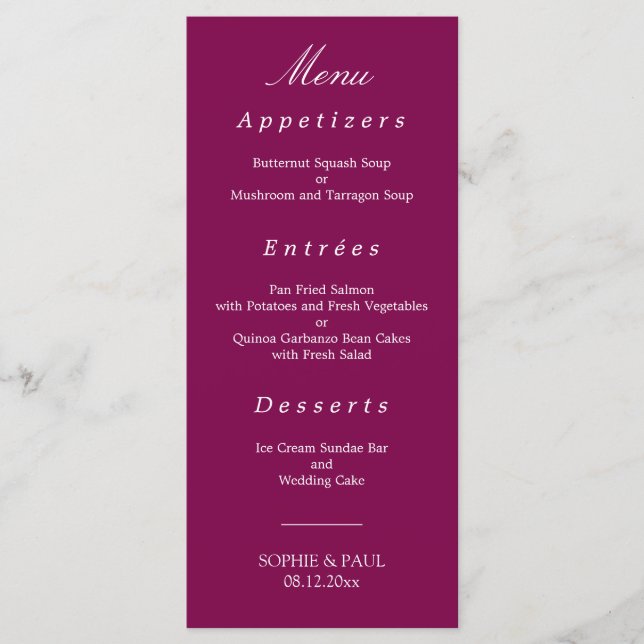 Elegant Mulberry Bröllop Menu Meny (Framsida)