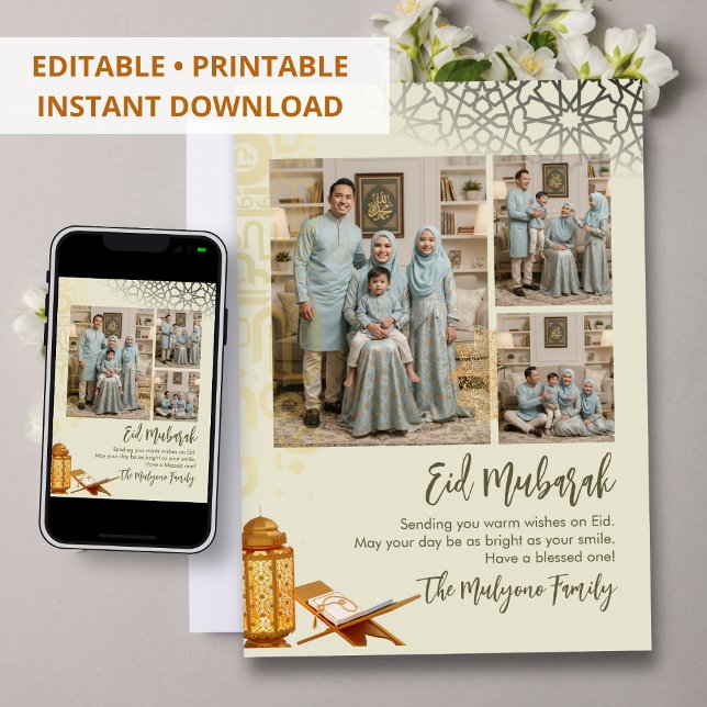 Elegant Multi-Photo Geometric Islamic Eid Mubarak  Julkort (Skapare uppladdad)