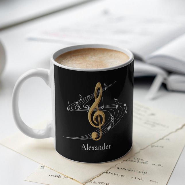 Elegant Music Treble Clef Black Guld Personlig Kaffemugg (Skapare uppladdad)