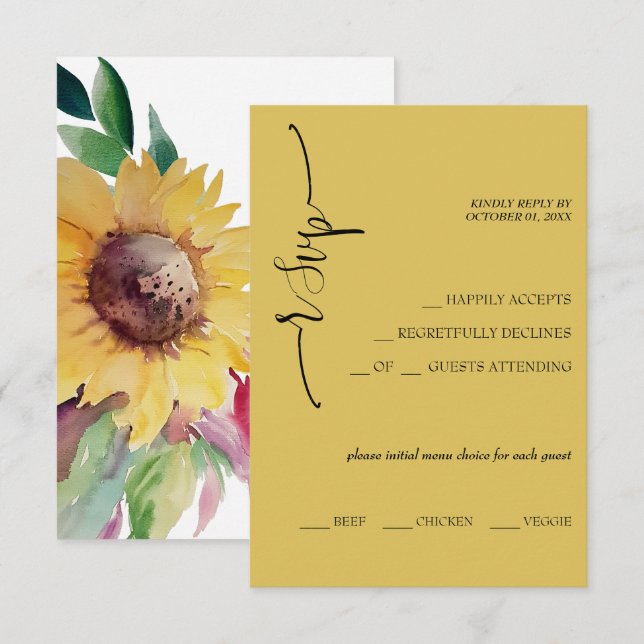 Elegant Mustard Solros Calligraphy OSA Kort (Fram/baksida)