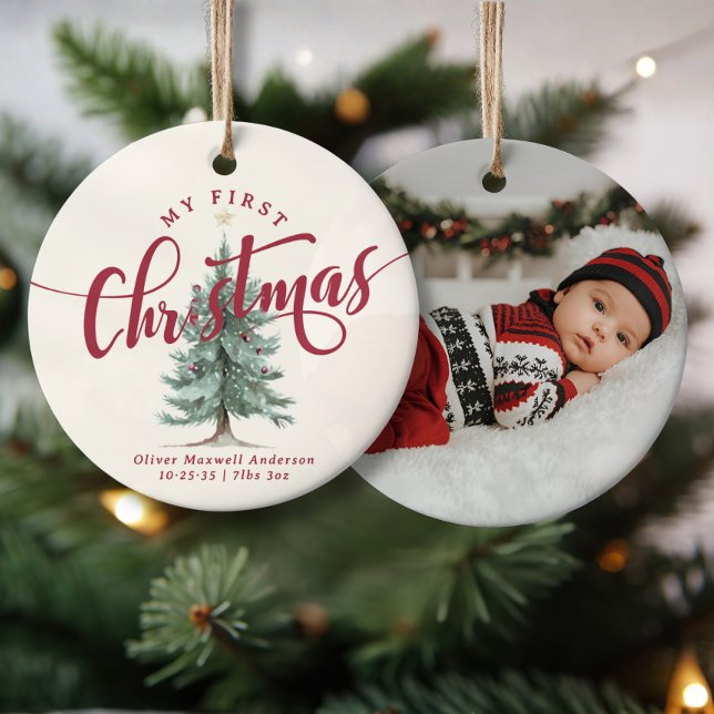 Elegant My First Christmas Tree Script Baby Photo  Julgransprydnad Keramik (Skapare uppladdad)