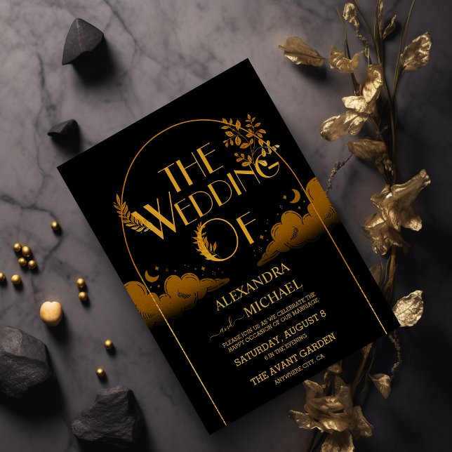 Elegant Mystical Black Guld Clouds Måne Bröllop Inbjudningar (Skapare uppladdad)