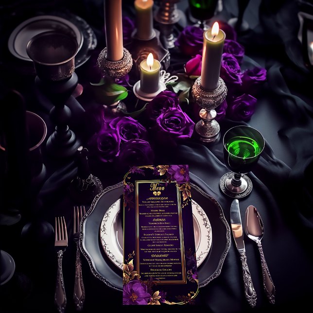 Elegant Mystical Gothic Lila och Guld Bröllop Meny (Elegant Vintage Gothic Purple and Gold Stylish Moody Wedding Menu)