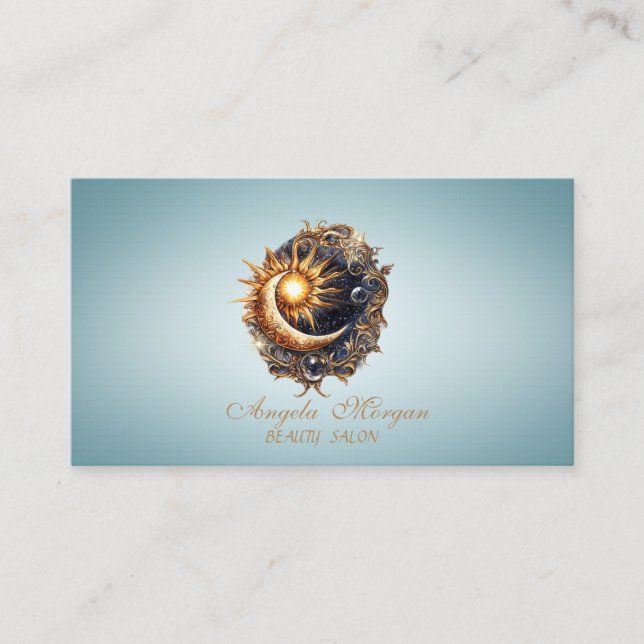 Elegant Mystical Sun Moon Blue Business Card Visitkort (Framsida)