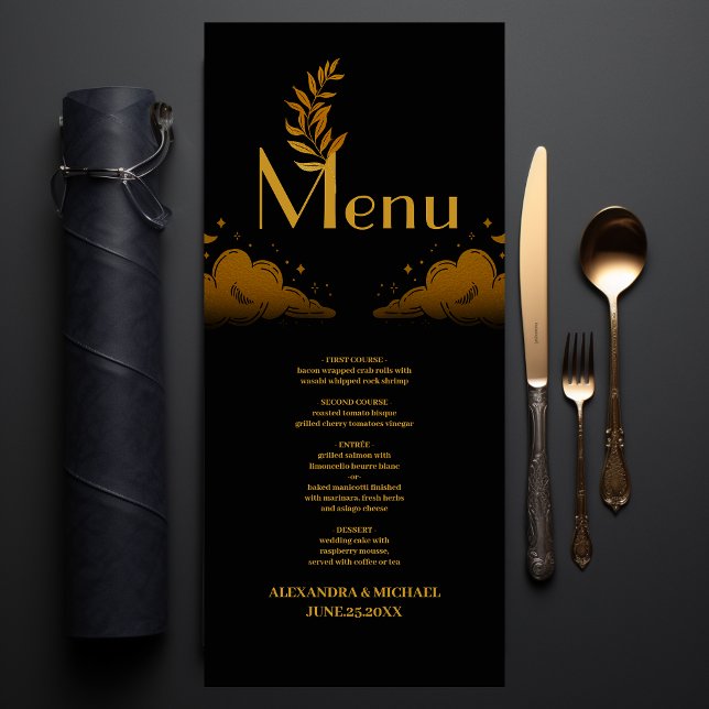 Elegant Mystisk Svart Guld Moln Måne Bröllop Meny (Skapare uppladdad)