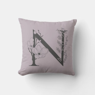 Elegant N Boho Blommigt Monogram Initial Lilac Grå Kudde