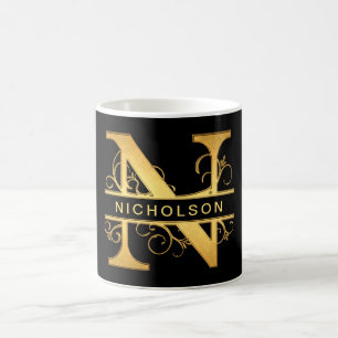 Elegant ’N’ Monogram Personlig Namn Black Guld Kaffemugg