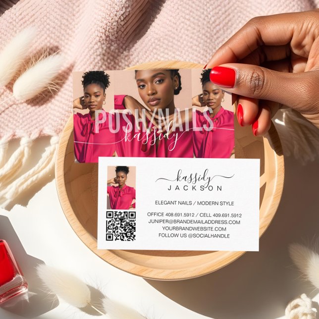 Elegant nagelsalong manus monogram foto QR-kod Visitkort (Photo Collage Bold Name Script Calligraphy QR Code Business Card)
