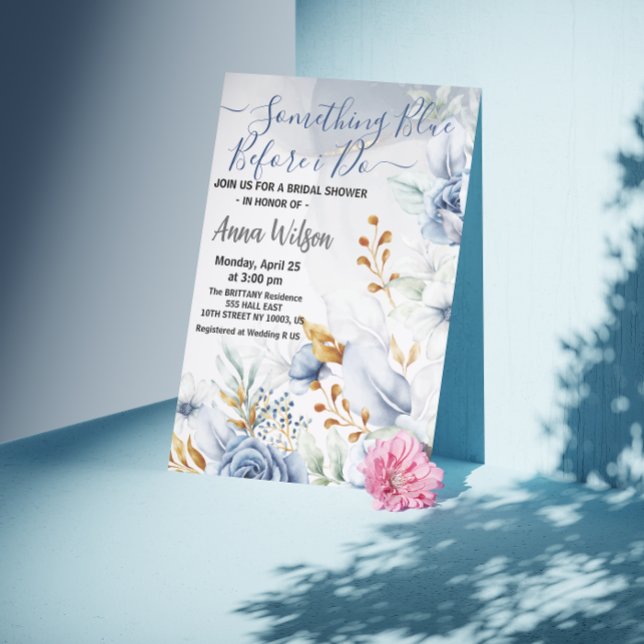 elegant Något Blått Innan Jag Gör bröllopsdusch Inbjudningar (Something Blue Before I do bridal shower elegant watercolor flowers bride to be elegant calligraphy )