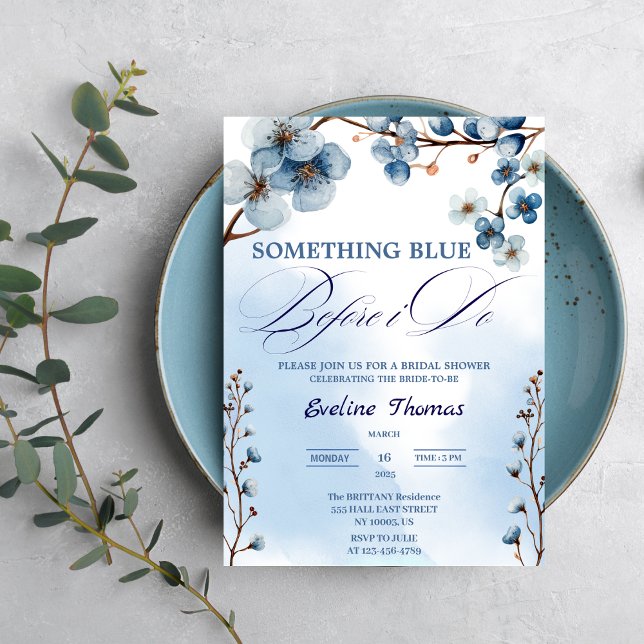 Elegant något blått innan jag gör Möhippa Inbjudningar ( Something Blue Before I Do Bridal shower blue white watercolor typography victorian luncheon brunch)