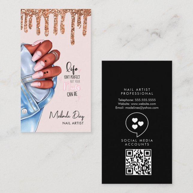 Elegant Nail Artist Designer Salon Glitter Rosa Visitkort (Fram/baksida)