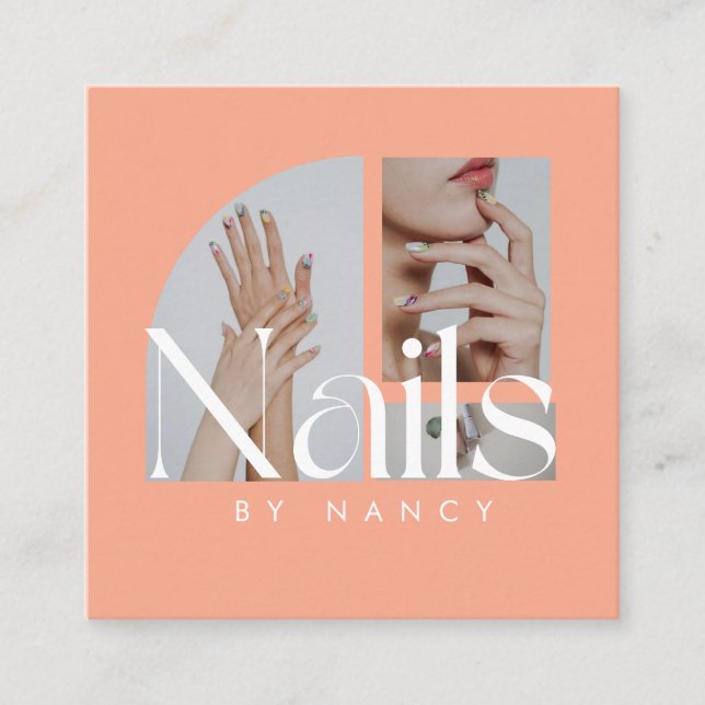Elegant Nail Salon Photo Collage Peach Fyrkantigt Visitkort (Framsida)