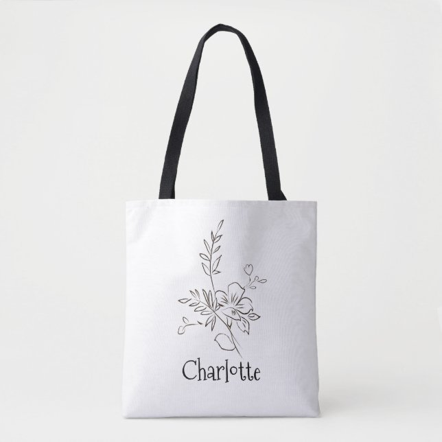 Elegant namn blomma linje svart vit  tygkasse (Framsida)