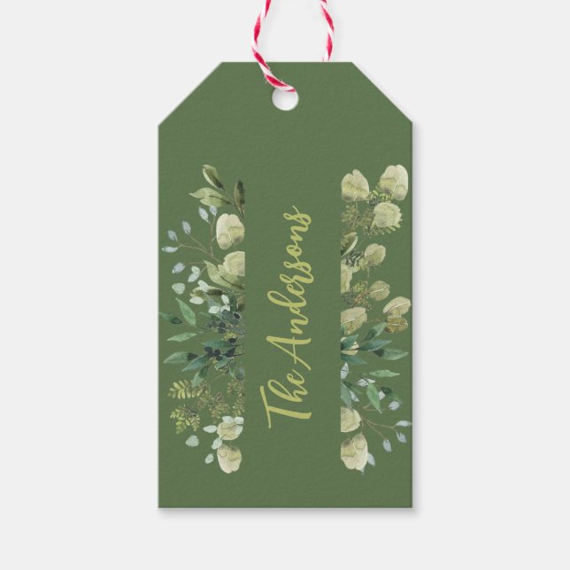 Elegant namn botaniska löv grönt presentetikett (Framsidan)