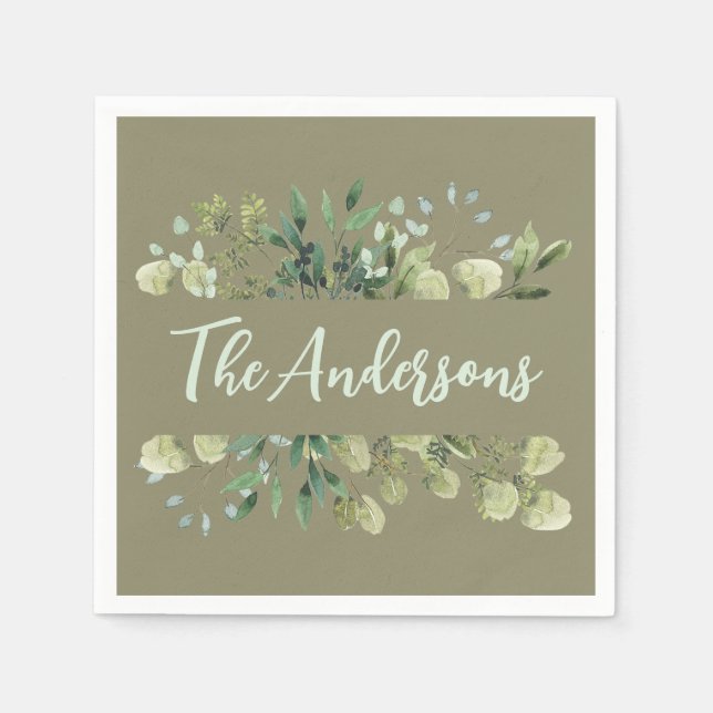 Elegant namn botaniska löv oliv grönt pappersservett (Framsidan)